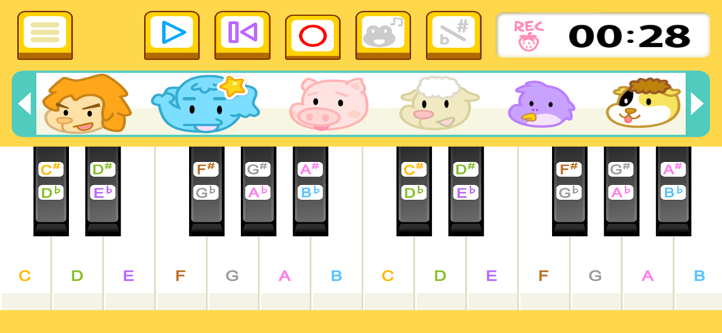 Écran de l'application Animal Piano Mix montrant un clavier de piano coloré avec des icônes d'animaux et des commandes d'enregistrement.