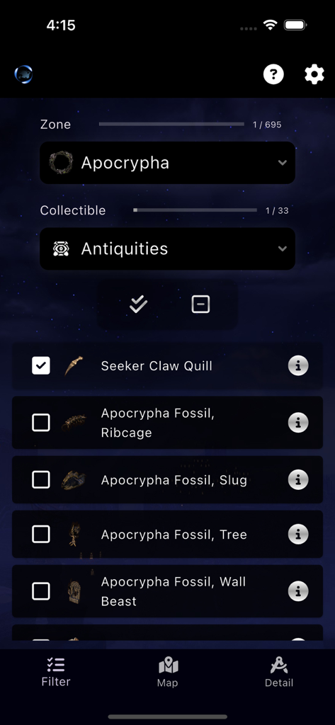 ESO Surveyor - ESO Surveyor mobile app showing a checklist of antiquities for the Apocrypha zone with progress tracking