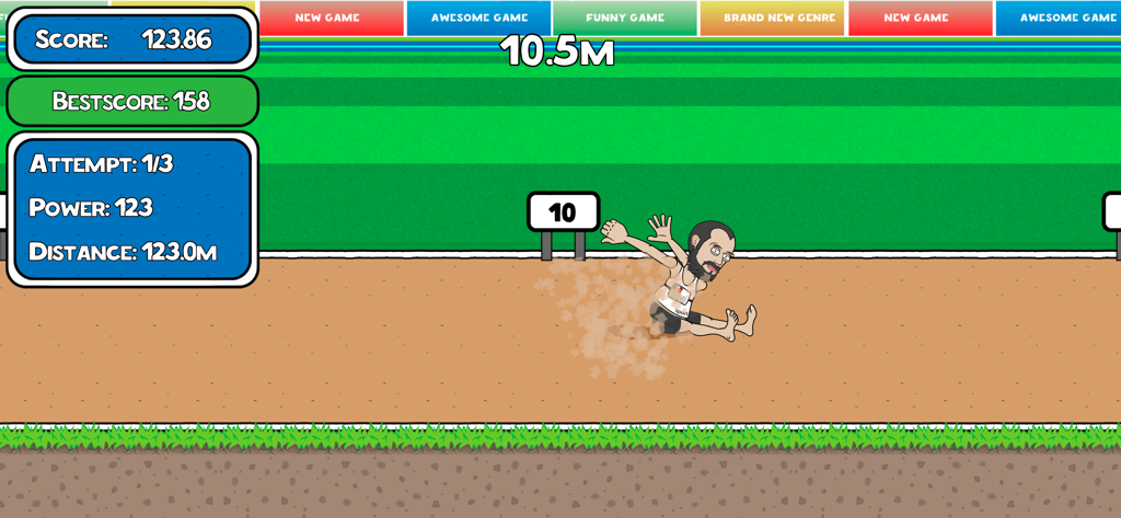 Ragdoll Sport - A cartoon ragdoll character landing in the sand during a long jump competition in the Ragdoll Sport game.