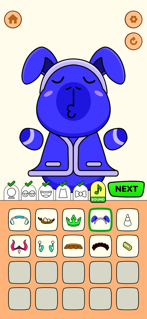 Capybara Makeover - Un personaje de capibara azul siendo vestido con orejas de conejo y una chaqueta en el menú del juego