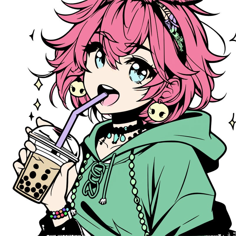 hot baddie anime girl drinking boba and biting the straw