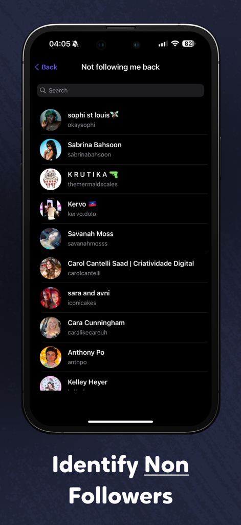 Postegro Tracker for Instagram - Schermata mobile dall'app Postegro che mostra un elenco di account Instagram che non seguono l'utente indietro