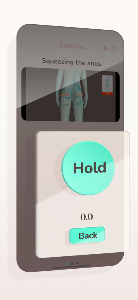 Kegel exercise set - Interface of the Kegel exercise set app showing a 3D model of a man performing pelvic floor exercises with a Hold training button.