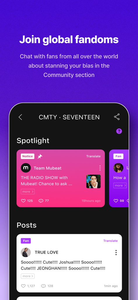 Mubeat for kpop Lovers - A screenshot of the Mubeat app showing the community section for global fandoms with fan posts and artist spotlights