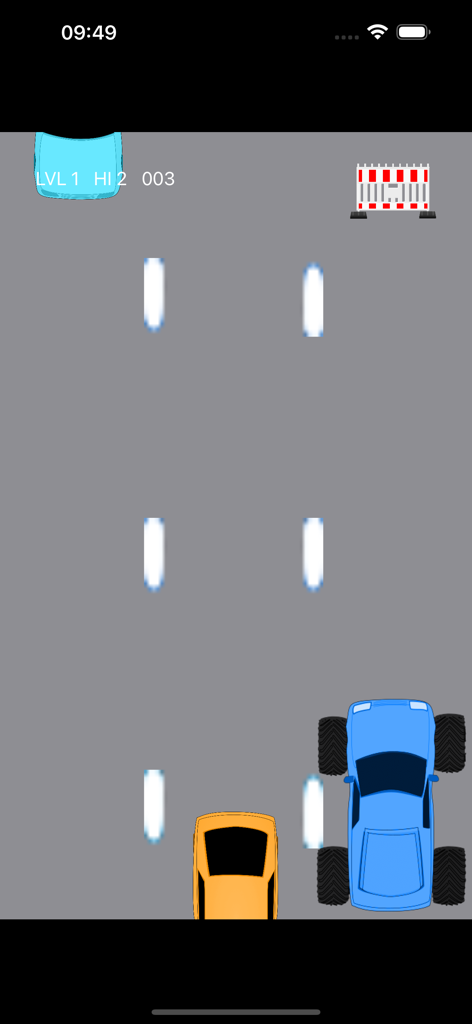 Monster Trucks: Car Smash Race - Top down view of a blue monster truck and orange car in a racing game