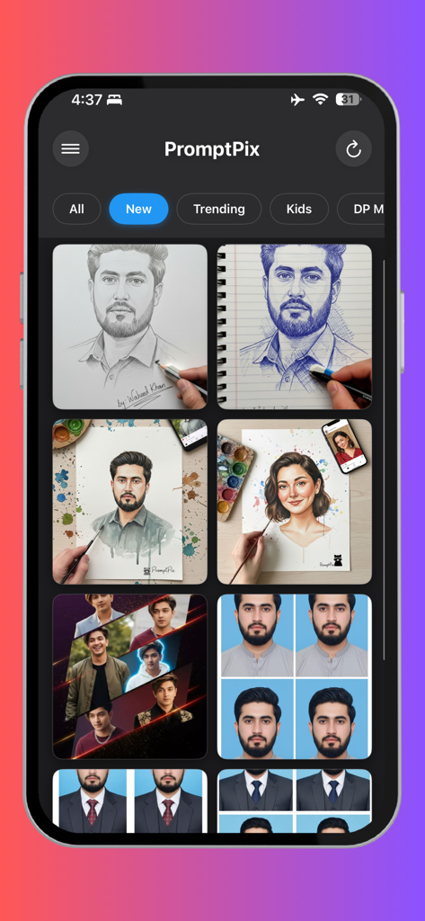 PromptPix -AI Prompt Generator - PromptPixモバイルアプリの画面、ポートレートや芸術的なスケッチのための新しいAIプロンプトのギャラリーを表示しています