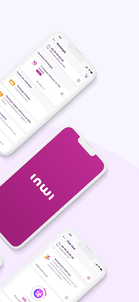 Three iPhones displaying the My inwi app interface featuring the logo, recharge options, and Club inwi reward screens.
