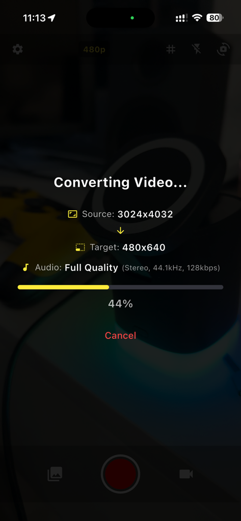 Interface showing a video being converted from high resolution to a lower 480x640 pixel target.