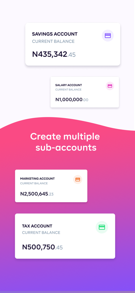 Prospaアプリのインターフェース。貯蓄、給与、マーケティング、税金のための複数のビジネスサブ口座が表示されている。
