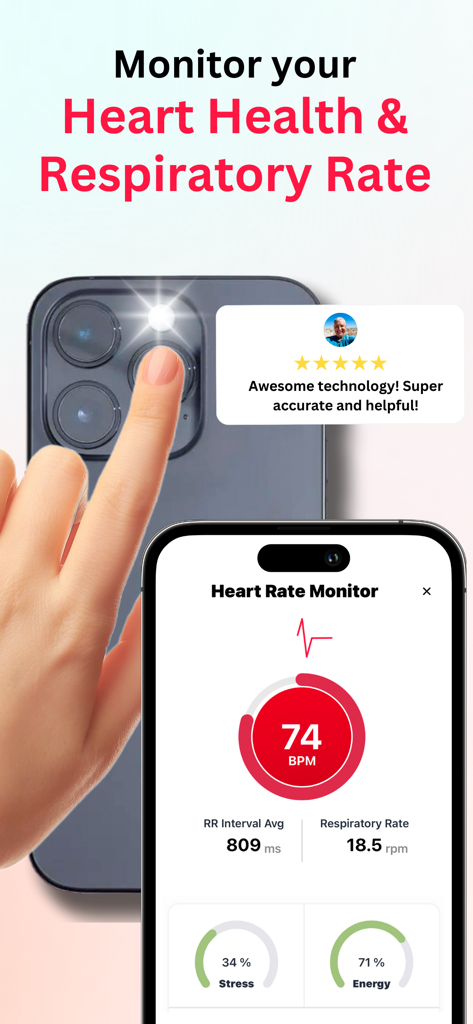 Pulse Tracker - Heart Rate - User measuring heart rate and respiratory rate using an iPhone camera and the Pulse Tracker app dashboard