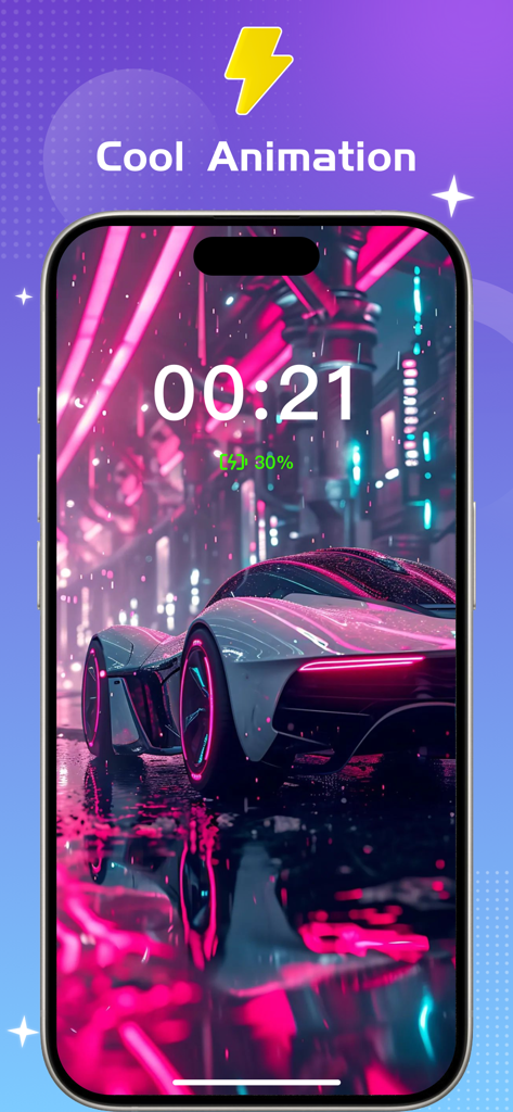 Cloud Widgets Wallpapers Shop - Cloud Widgets app showcasing a futuristic neon car charging animation on an iPhone screen.