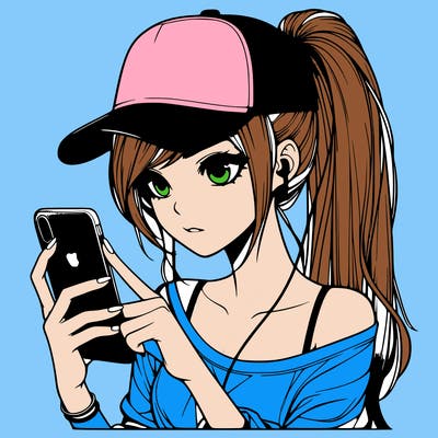 realistic girl with a long ponytail and trucker hat holding an iphone