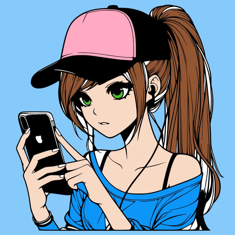 realistic girl with a long ponytail and trucker hat holding an iphone