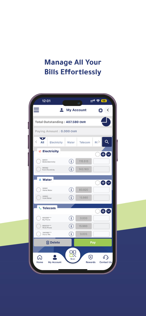 ONEIC Pay - ONEIC Pay mobile app interface for managing and paying utility bills including electricity water and telecom
