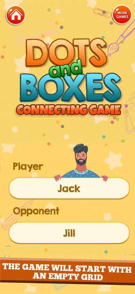 dots and boxes game setup screen showing player and opponent name fields