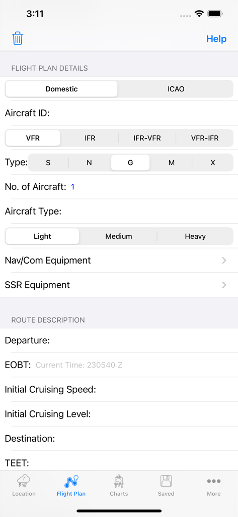 NAIPS - Interface of the NAIPS app showing flight plan details and route description fields for pilots