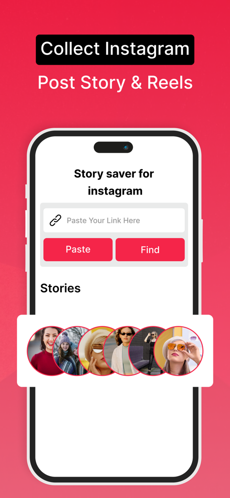 Una interfaz móvil para InstaSaver mostrando un campo de texto para pegar un enlace para guardar historias y reels de Instagram