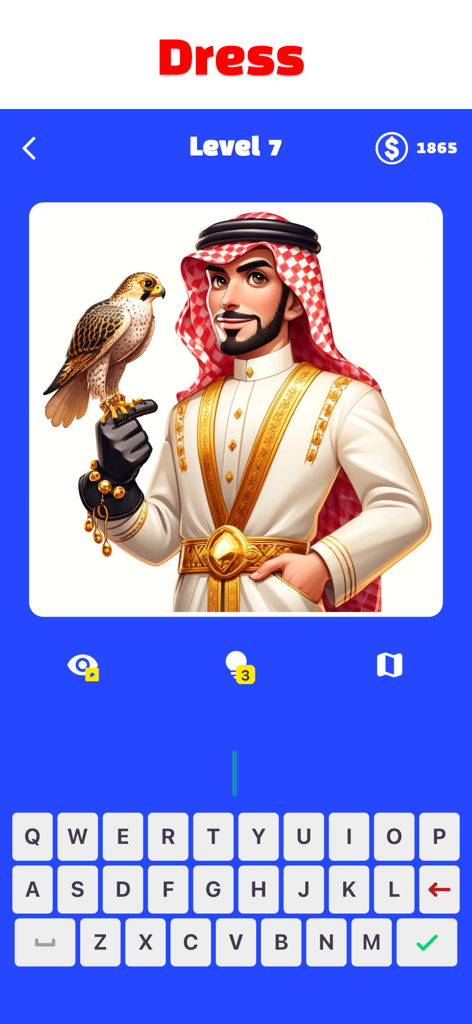 Una schermata di quiz di geografia che mostra un uomo in abiti tradizionali mediorientali che tiene in mano un falco.