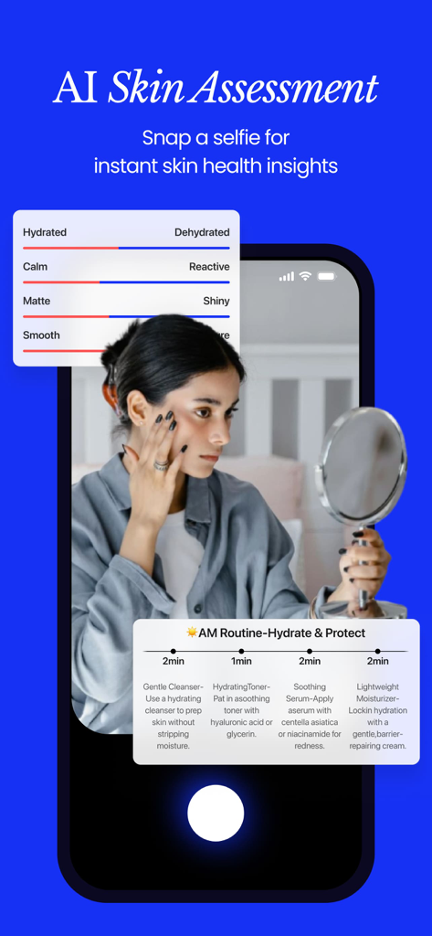 Chance AI - Visual Search - AI skin health assessment feature showing hydration levels and a personalized morning skincare routine