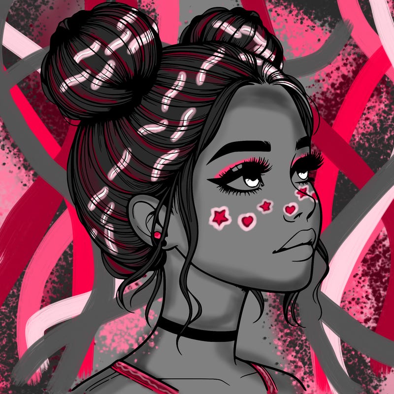 realistic girl with buns on the top of her head