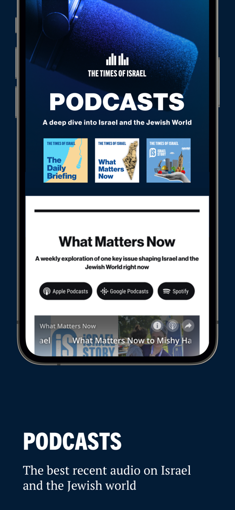 The Times of Israel mobile app podcast section featuring audio news and stories about Israel and the Jewish world