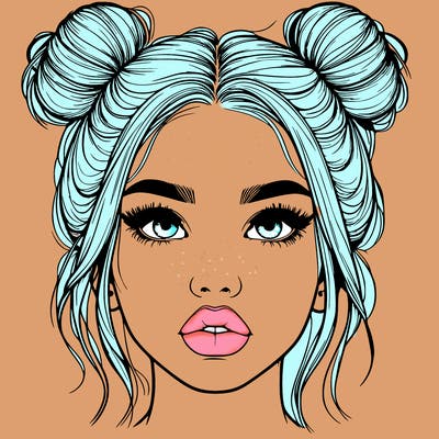 realistic girl with two buns on her hair and lips