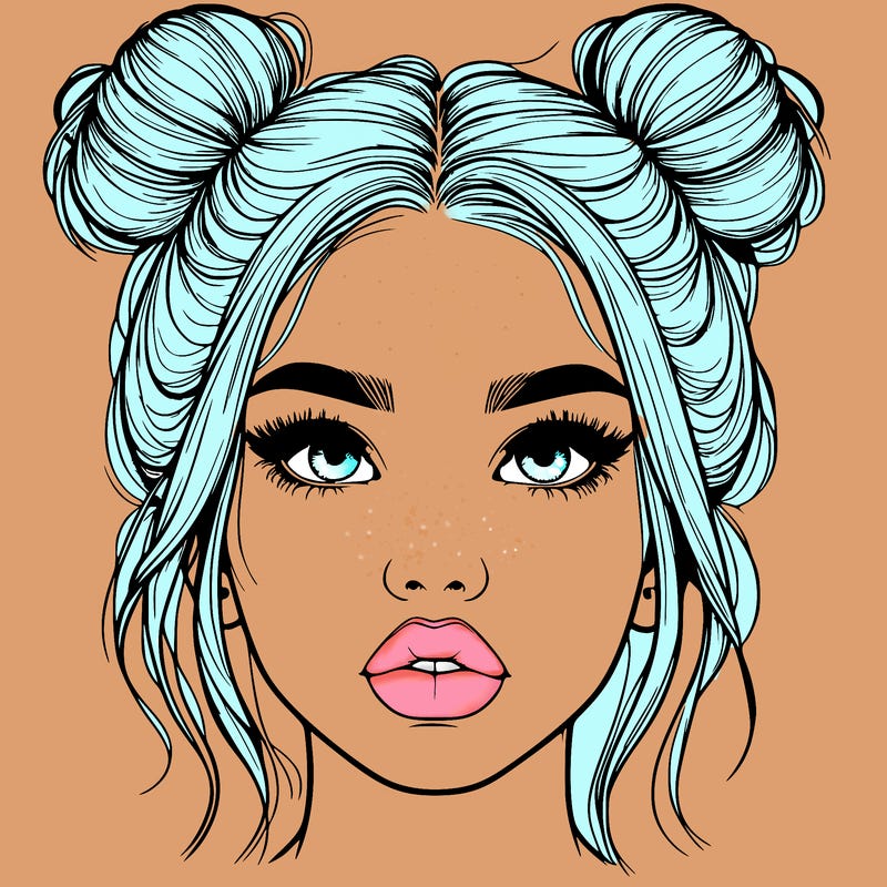 realistic girl with two buns on her hair and lips