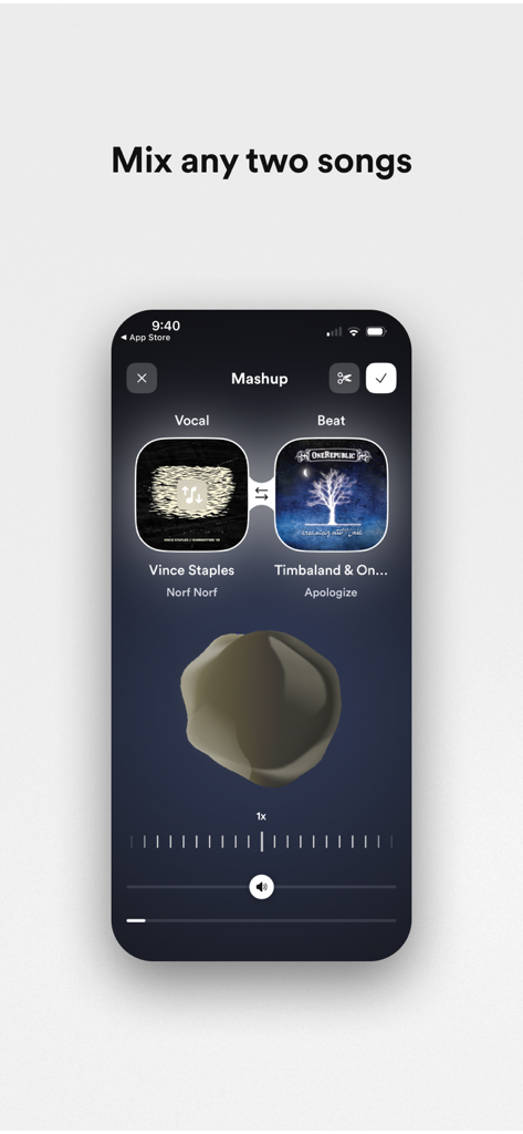 Lowkey Mashups - Mobile app interface of Lowkey Mashups showing a screen to mix two songs with separate vocal and beat tracks.