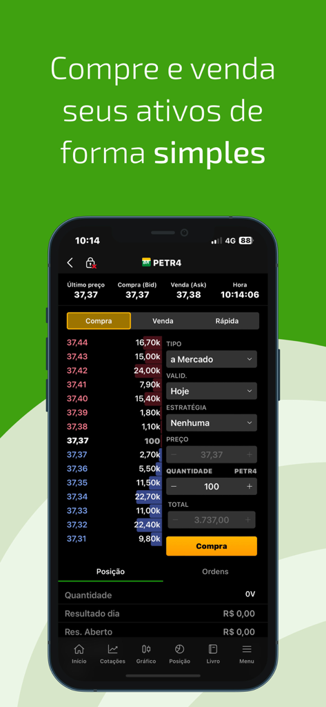 Home Broker Sicredi - Écran de téléphone portable montrant l'interface de trading de l'application Home Broker Sicredi pour les actions PETR4 avec les cotations du marché en temps réel et les options d'achat.