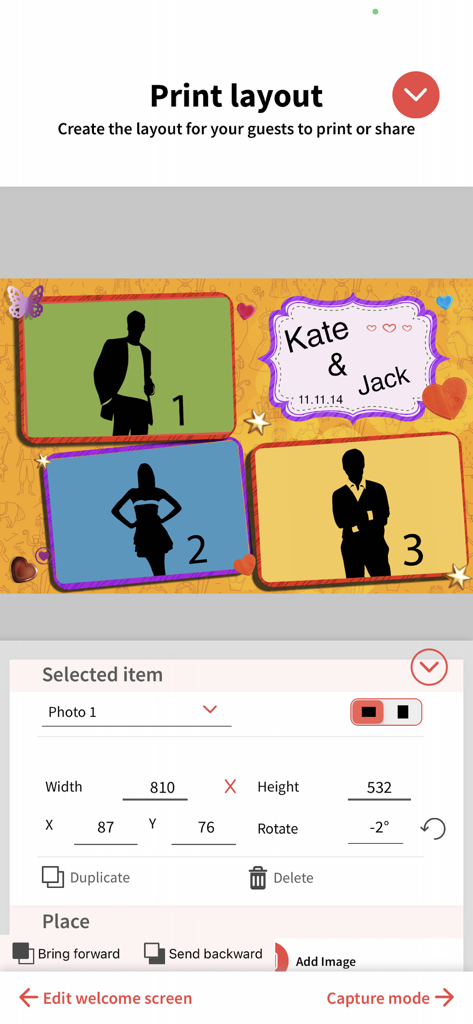 Interface for customizing photo booth print layouts with multiple photo placeholders and personalized text