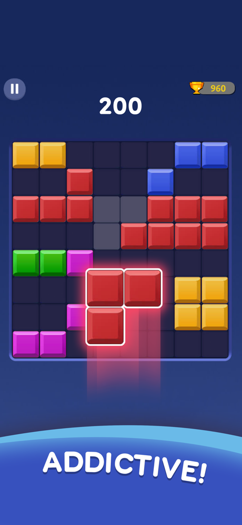 Block Blast Puzzle-Spiel-Gameplay mit bunten Blöcken auf einem Gitter, wobei ein L-förmiges Teil platziert wird