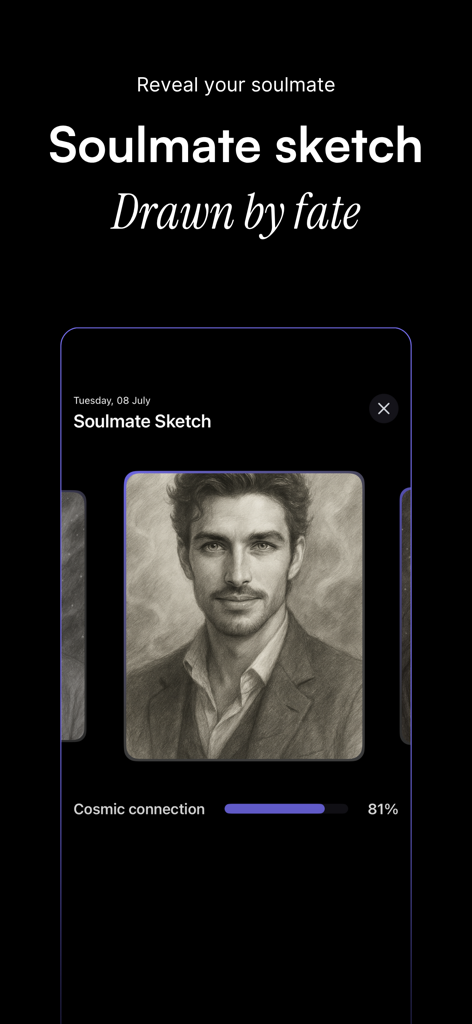 Orion – Horoscope & Tarot - Um retrato em preto e branco de um homem rotulado como um esboço de alma gêmea no aplicativo de astrologia Orion