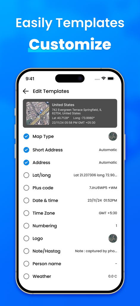 GPS Map Camera – Time Stamp - Una interfaz móvil para personalizar plantillas de fotos con datos GPS que incluyen direcciones y marcas de tiempo