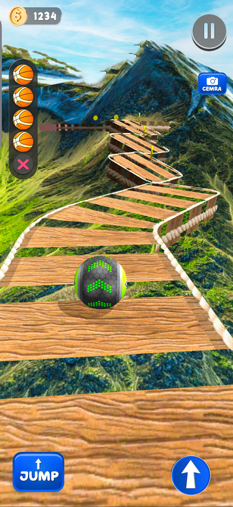 Going Balls - Rollance Offline - Jugabilidad de Going Balls Rollance mostrando una bola rodando por un sinuoso camino de madera sobre un paisaje montañoso.