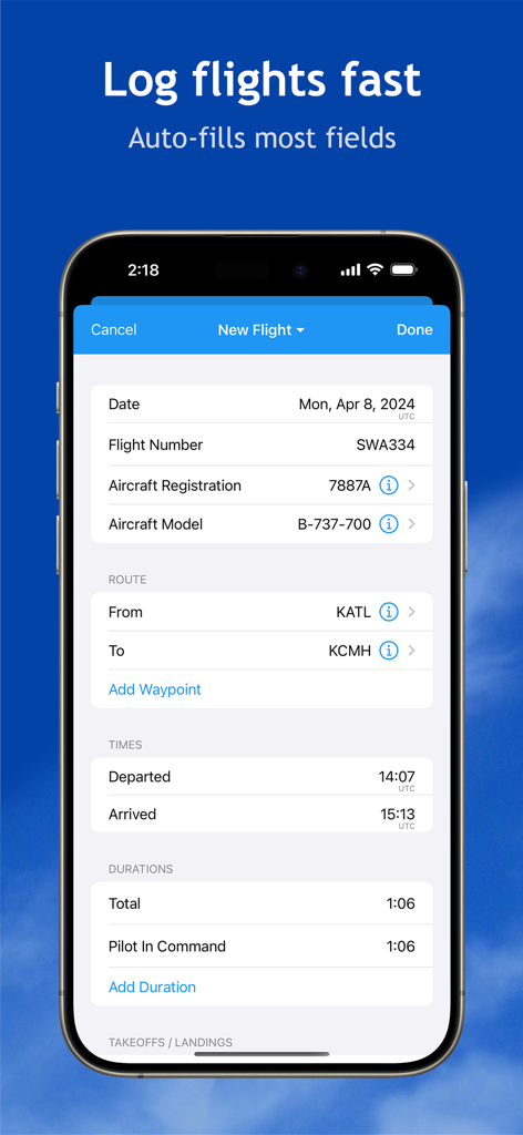 Smart Logbook app interface showing a new flight entry screen with aircraft details and flight duration