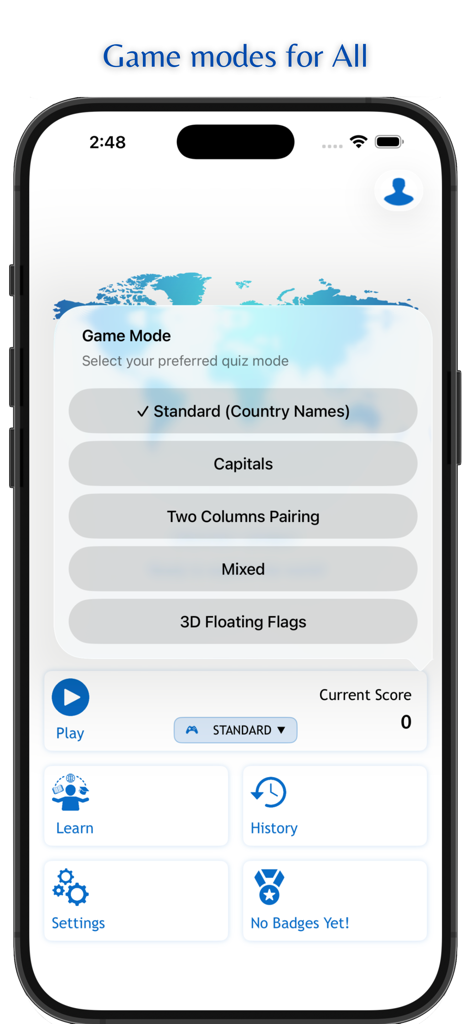 Learn Geography: AV Countries - Interface do aplicativo Aprenda Geografia Países AV mostrando opções de modo de jogo como Capitais e Bandeiras 3D Flutuantes.