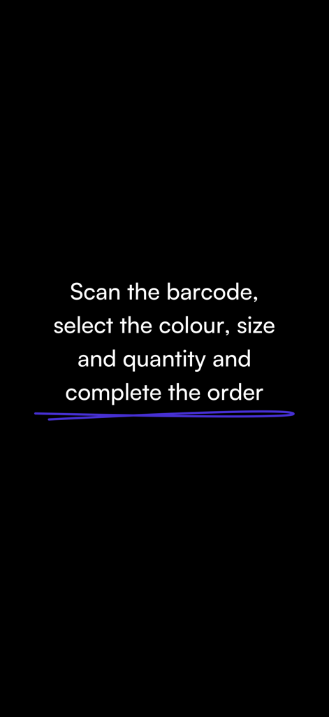 Pantalla mostrando instrucciones para escanear códigos de barras y seleccionar talla de color y cantidad para reordenaciones de retail
