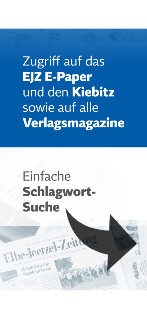 EJZ app interface showing access to digital newspaper editions and a keyword search feature