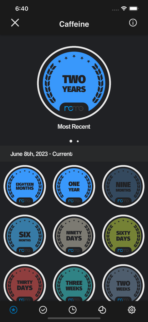 Nomo -  Sobriety Clocks - A display of digital sobriety chips in the Nomo app showing milestones for caffeine recovery from two weeks to two years