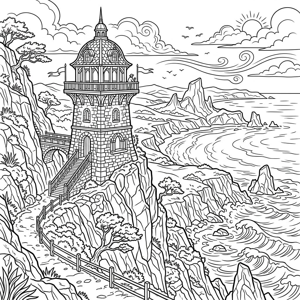 Cliffside Observation Towers Coloring Pages - 2 Scenic Designs — Color Pop