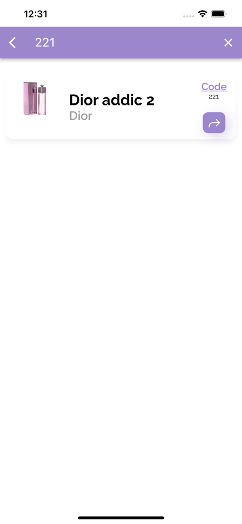 Bildschirm mit dem Profil des Dior Addict 2 Parfums, der das Produktbild, den Markennamen und den Referenzcode in der Perfumes Book App anzeigt