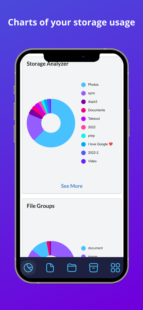 Storage Analyzer chart in Filerev for Google Drive showing storage breakdown by category