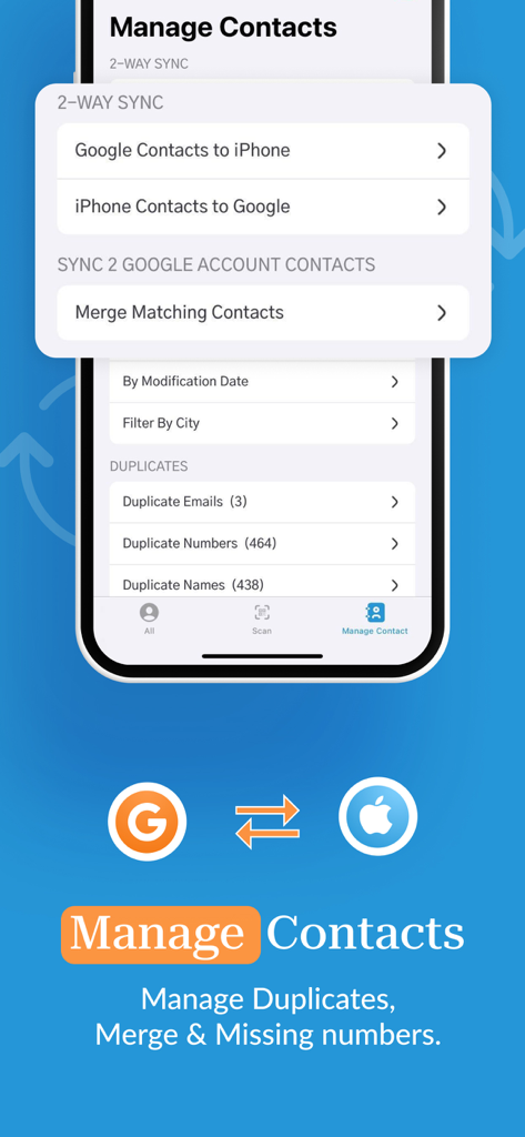 Sync Contact app interface showing 2-way sync between Google and iPhone and duplicate contact management