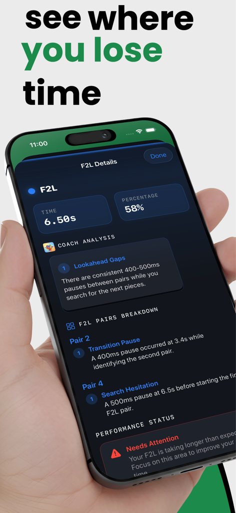 CuberPal: Cube Timer & Coach - CuberPal app interface showing AI analysis of F2L solve time and specific technique feedback
