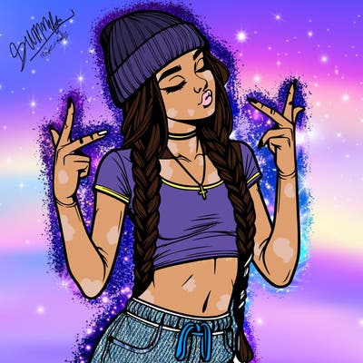 realistic teenage girl with braids and a beanie and crop top doing 🫶🏼