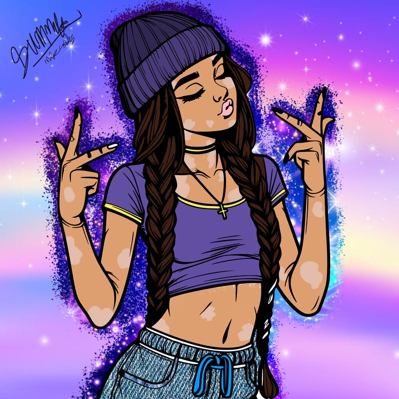 realistic teenage girl with braids and a beanie and crop top doing 🫶🏼