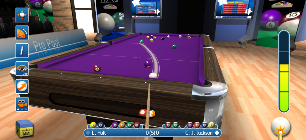 3D gameplay of Pro Pool 2026 showing a purple pool table and a swerve shot trajectory