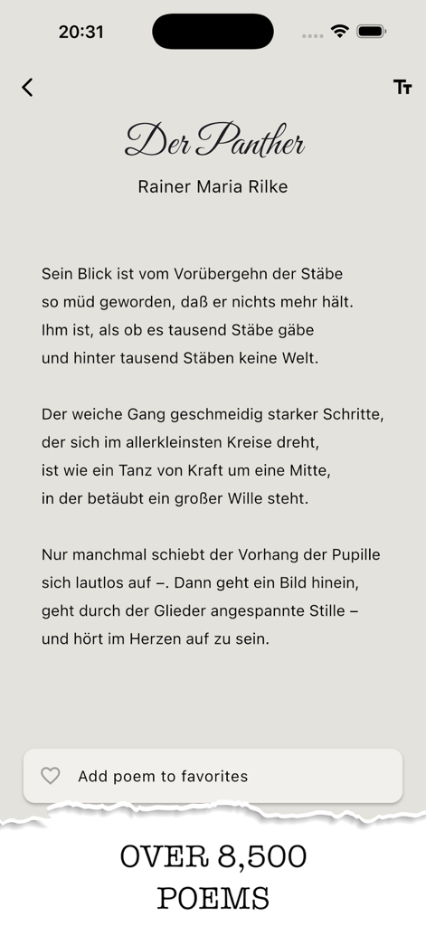 German poetry - Interface of the German Poetry app showing the poem Der Panther by Rainer Maria Rilke