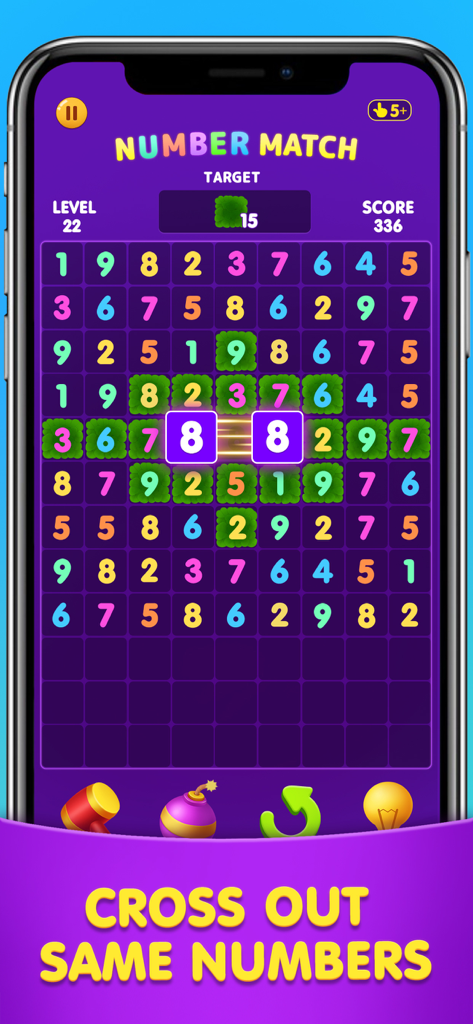 Number Match: Ten Crush Puzzle - A mobile screen showing a grid of numbers with two identical eights being matched and crossed out in a puzzle game