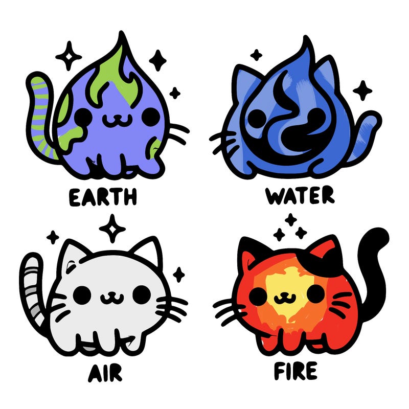 4 cats that represent the different elements, earth, water, air, and fire